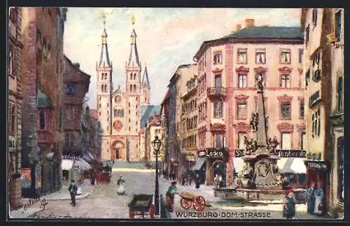 Künstler-AK Charles F.Flower: Würzburg, Dom-Strasse mit Denkmal, Dom, Leute