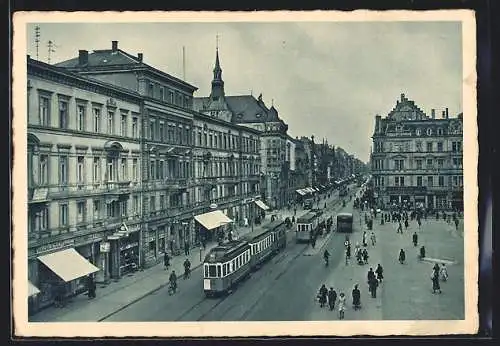 AK Karlsruhe, Kaiserstrasse mit Strassenbahnen