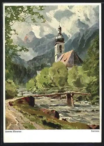 Künstler-AK sign. Hanns Maurus: Ramsau, Uferpartie mit Kirche und Brücke