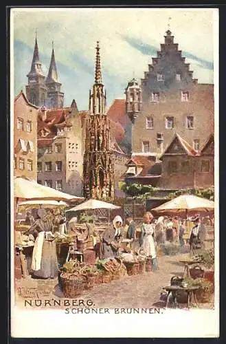 Künstler-AK Nürnberg, Schöner Brunnen