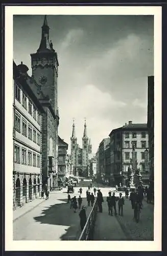 AK Würzburg, Domstrasse mit Grafeneckardturm und Vierröhrenbrunnen