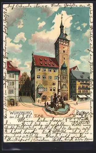 Lithographie Würzburg, Darstellung vom Rathaus