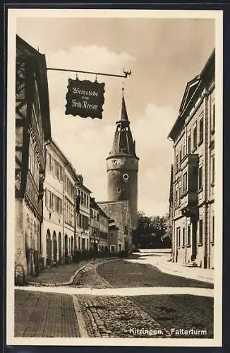 AK Kitzingen, Weinstube v. Fritz Reeser mit Blick auf den Falterturm