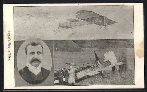 AK Wien, Blériot`s Flug, Flugzeug auf dem Flugplatz und Porträt