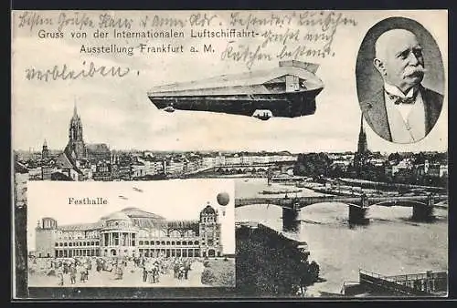 AK Frankfurt a. M., Internationale Luftschiffahrt-Ausstellung, Zeppelin über dem Main, Festhalle