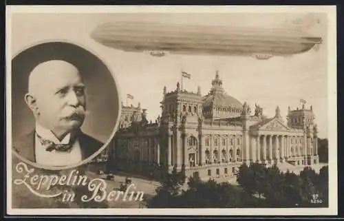 AK Berlin, Zeppelin Luftschiff fliegt über die Stadt, Graf von Zeppelin