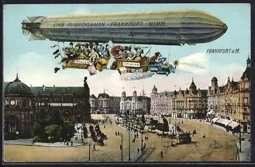 AK Frankfurt a. M., Zeppelin mit Körben und Passagieren, Linie Friedrichshafen - Frankfurt - Memel