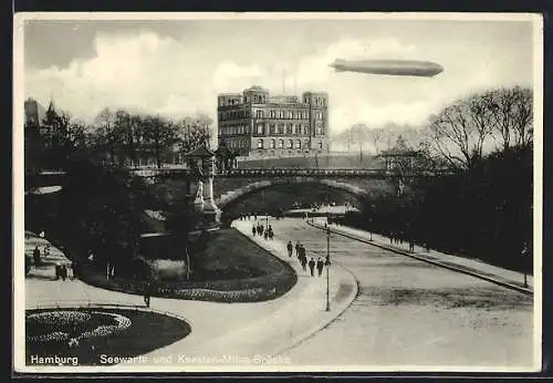 AK Hamburg, Zeppelin über der Seewarte und Kersten-Miles-Brücke