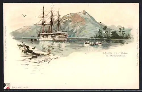 Künstler-Lithographie Willy Stoewer: Kriegsschiff Albatross in der Südsee als Vermessungsfahrzeug