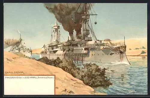 Künstler-Lithographie Raoul Frank: Panzerdivision im Suez-Kanal (Brandenburg-Klasse)