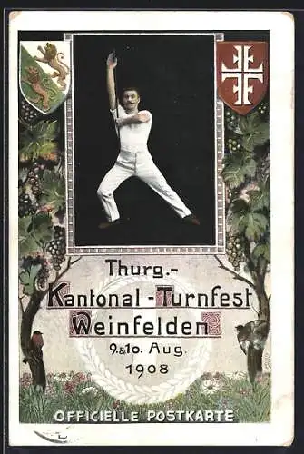 AK Weinfelden /Thurg., Kantonal-Turnfest 1908, Turner mit Stab im Passepartoutrahmen, Wappen