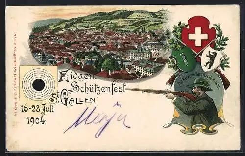 Lithographie St. Gallen, Eidgen. Schützenfest 1904, Totalansicht, Jäger mit angelegter Waffe