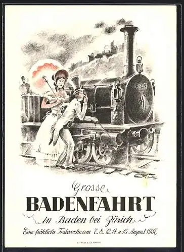 Künstler-AK Baden, Grosse Badenfahrt 1937, schweizer Eisenbahn