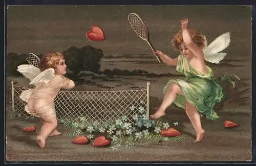 Präge-AK Amor spielt Tennis mit Herzen