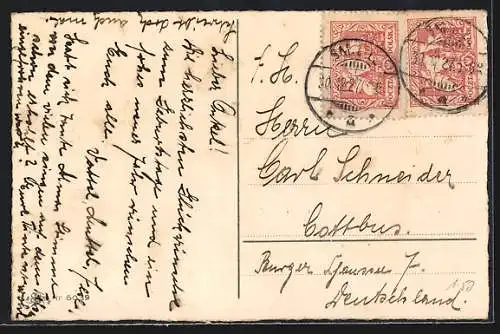 AK Mädchen rennt vor Schneemann davon, Neujahrsgruss