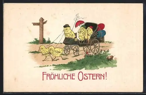 Präge-AK Osterküken fahren in einer Kutsche, Fröhliche Ostern!