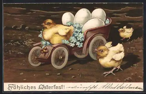 Präge-AK Osterküken fährt mit Eiern in einem Auto, Ostergruss