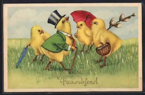 AK Osterküken mit Schirmen und Osterkorb auf einer Wiese