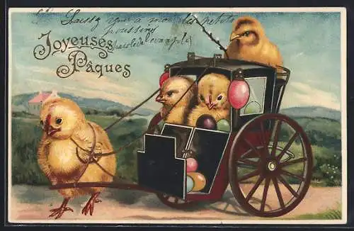 Präge-AK Osterküken und Ostereier in einer Kutsche, Joyeuses Pâques