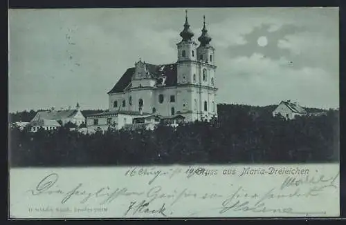 Mondschein-AK Maria-Dreieichen, Blick zur Kirche