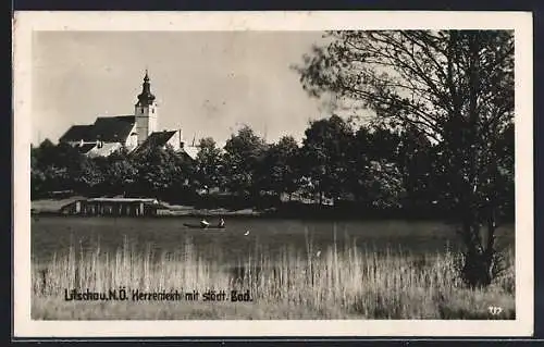 AK Litschau, Herrenteich mit städt. Bad und Kirche