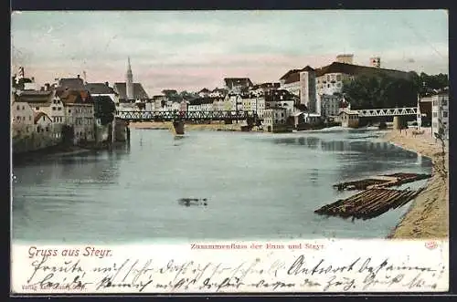 AK Steyr, Flosse am Ufer, Zusamenfluss der Enns mit Blick zum Ort