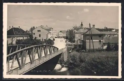 AK Altheim, Ortspartie an der Flussbrücke mit Friseurladen