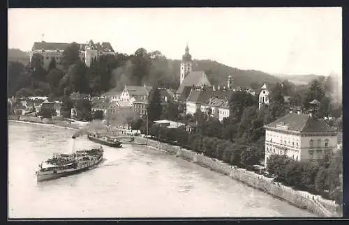 AK Grein a. d. Donau, Ortsansicht mit Dampfschiff