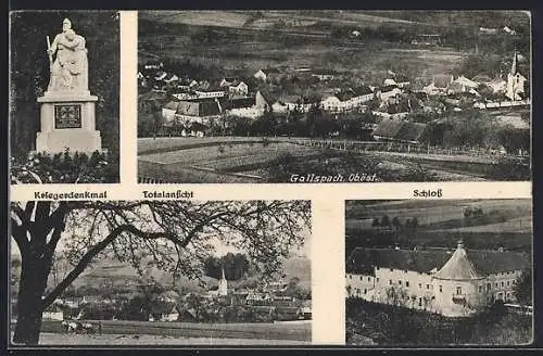 AK Gallspach, Ortsansicht, Blick auf Kriegerdenkmal und Schloss