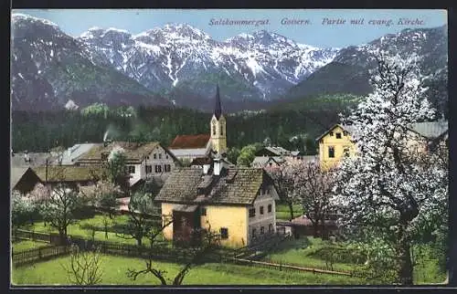 AK Goisern, Ortspartie mit evang. Kirche im Frühling