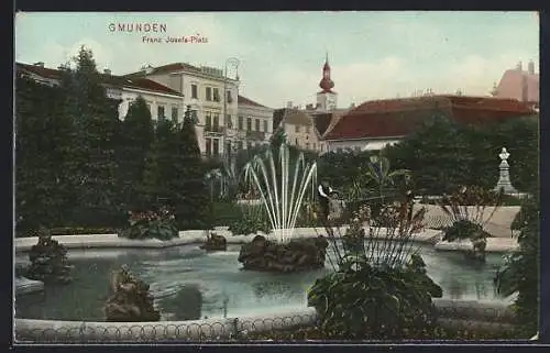 AK Gmunden, Franz Josefs-Platz mit Springbrunnen