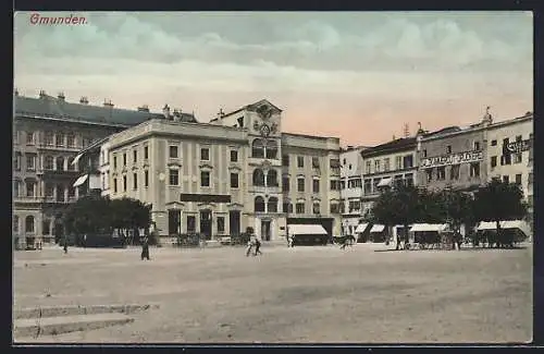 AK Gmunden, Marktplatz mit Druckerei und Cafe Brandl