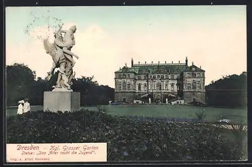 AK Dresden, Grosser Garten, Statue Das Alter raubt die Jugend, Palast