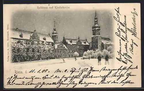 AK Riesa, Rathhaus u. Klosterkirche im Winter