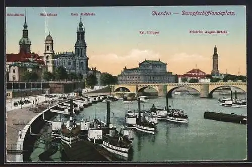 AK Dresden, Dampfschifflandeplatz mit Brücke und Stadtpanorama