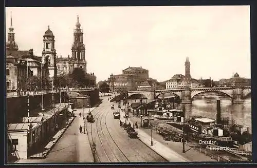 AK Dresden, Terrassenufer mit Brücke und Stadt-Panorama