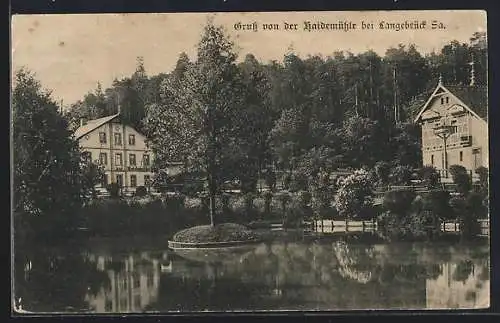 AK Langebrück /Sa., Gasthof Haidemühle vom Wasser aus