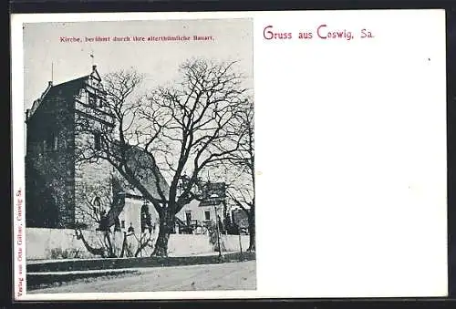 AK Coswig /Sa., Ortspartie mit Kirche