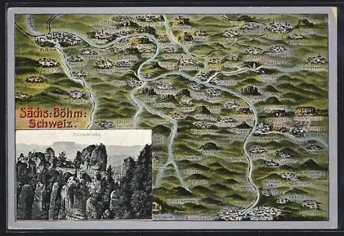 AK Bad Schandau, Geografische Karte von der Sächs.-Böhm. Schweiz, Basteibrücke