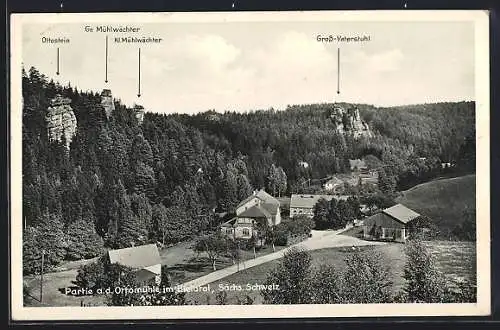 AK Ottomühle im Bielatal, Ortspartie mit Ottostein und Gross-Vaterstuhl aus der Vogelschau