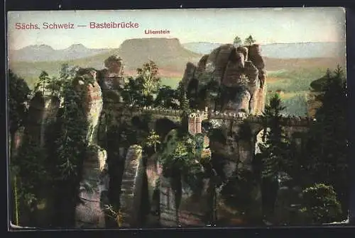 AK Basteibrücke /Sa., Ortsansicht mit Lilienstein aus der Vogelschau