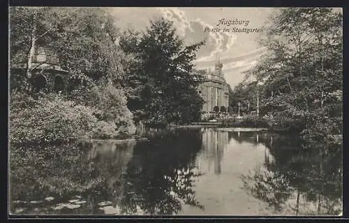 AK Augsburg, Stadtgarten-Partie mit Pavillon u. Turmgebäude