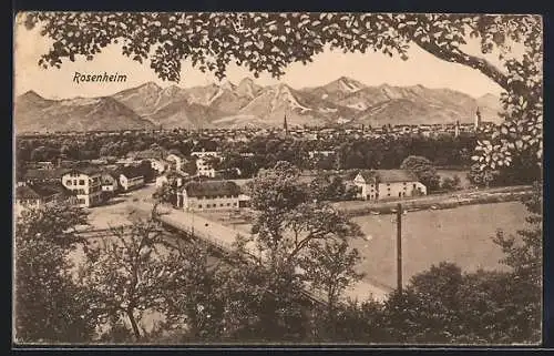 AK Rosenheim / Bayern, Ortsansicht mit Brücke und Bergpanorama aus der Vogelschau