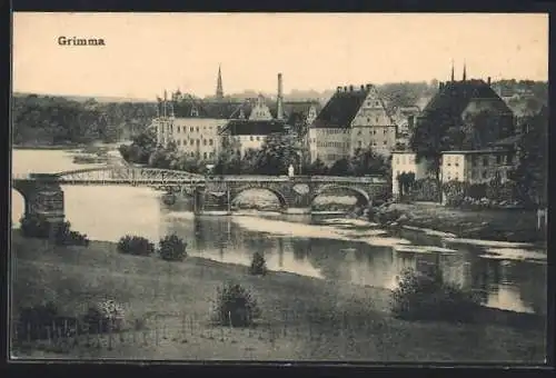 AK Grimma, Teilansicht mit Brücke über den Fluss