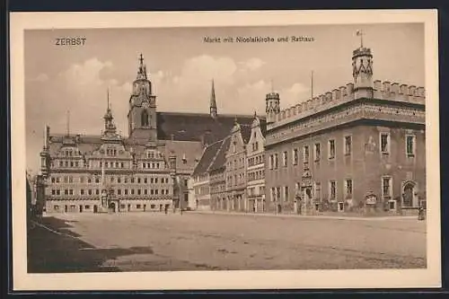 AK Zerbst, Markt mit Nicolaikirche und Rathaus