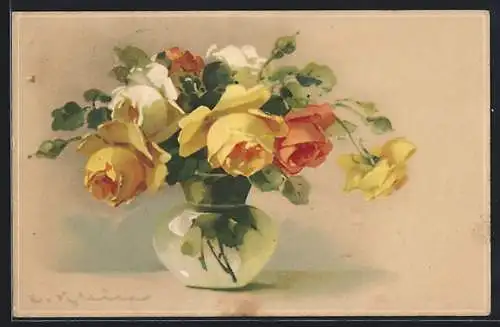 Künstler-AK Catharina Klein: Vase mit gelben, rosefarbenen und weissen Rosen