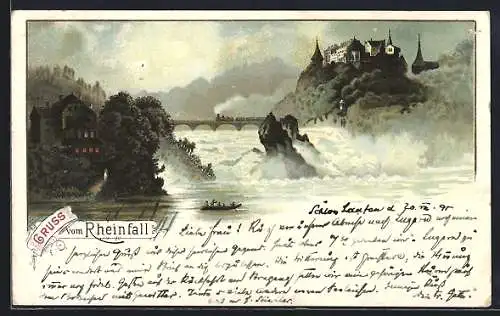 Vorläufer-Lithographie Neuhausen am Rheinfall, 1895, Ortsansicht mit dem Rheinfall