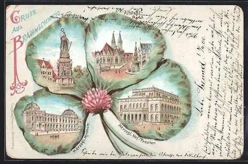 Lithographie Braunschweig, Herzogl. Museum, Herzogl. Hof-Theater, Altstadt-Markt im Kleeblatt-Passepartout