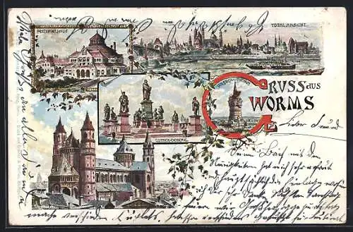 Lithographie Worms, Luther-Denkmal, Wasserturm, Festspielhaus