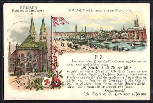 Lithographie Bremen, Teilansicht mit der grossen Weserbrücke, Rathaus und Domstürme